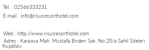 Risus Aqua Beach Resort Hotel telefon numaraları, faks, e-mail, posta adresi ve iletişim bilgileri